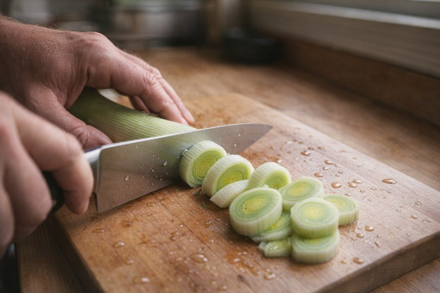 An overhead shot of a chef's knife slicing through a leek on a wooden cutting board, water droplets visible from rinsing, good natural lighting